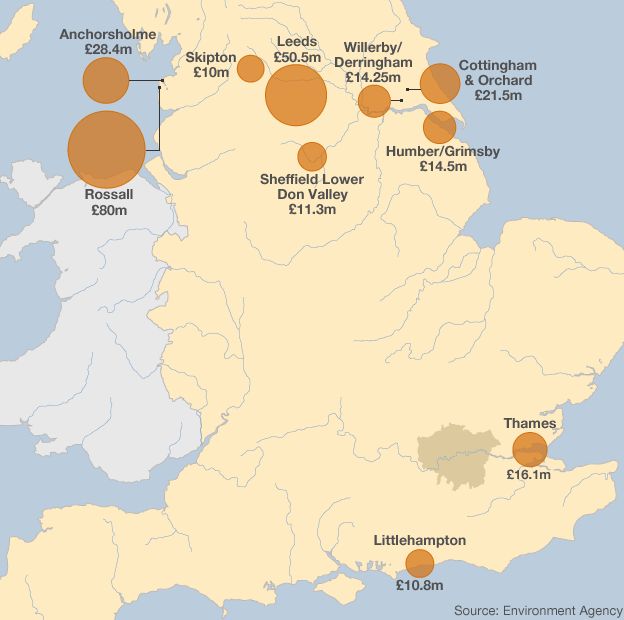 Map of top 10 most expensive flood defence schemes
