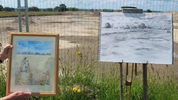 Marilyn Bartleet's watercolour (left) and Miranda Creswell's drawing of the excavations