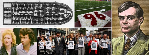 Clockwise from top left: Slave ship plan, Hillsborough memorial, Alan Turing, Bloody Sunday memorial march, and Guildford Four member Gerry Conlon