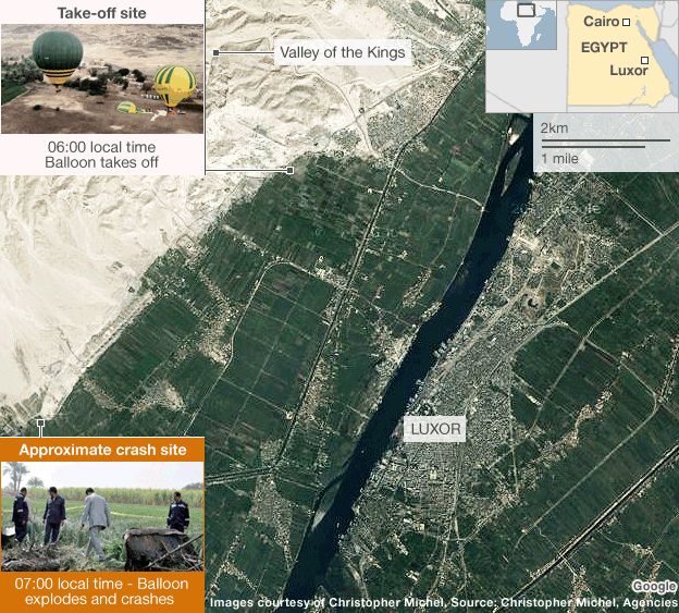 Map of balloon crash site in Luxor, Egypt