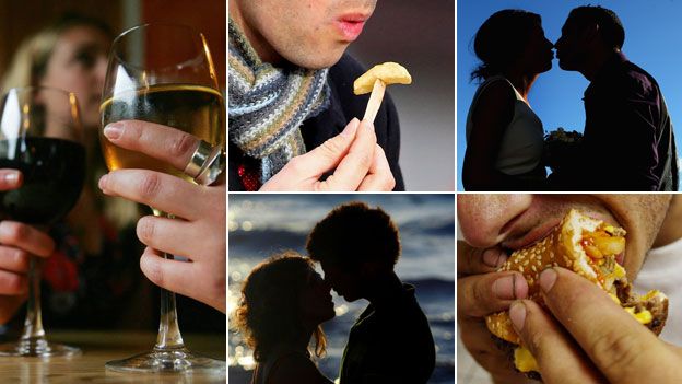 Images of drinking, eating, and couples kissing