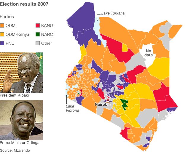 Map of Kenya showing election results 2007