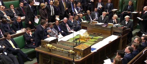 MPs in the House of Commons - the government on the left, opposition on the right