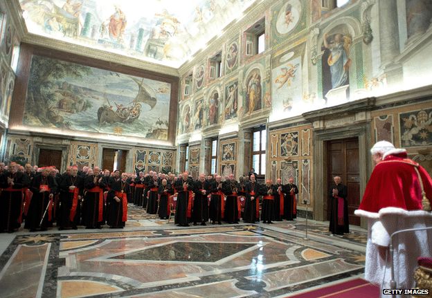 Pope Benedict XVI bids farewell to his cardinals in Vatican City, 28 February