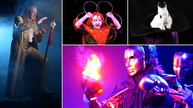 Clockwise from left: Magician Losander, Jeff McBride performing a routine with rings, a rabbit in a hat, and McBride's masks routine