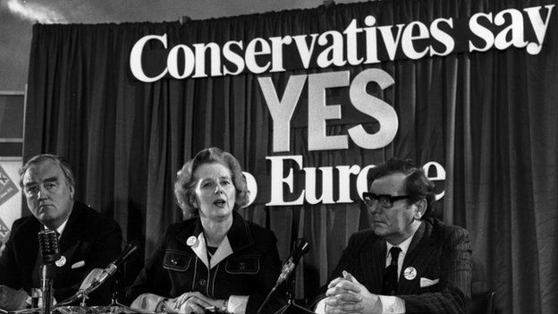 Margaret Thatcher with Willie Whitelaw and Peter Kirk at a referendum conference on Europe
