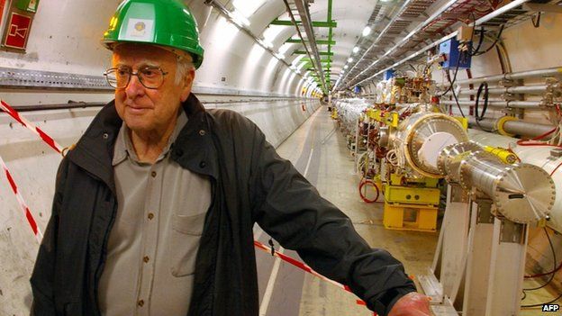 Prof Peter Higgs inside the Large Hadron Collider