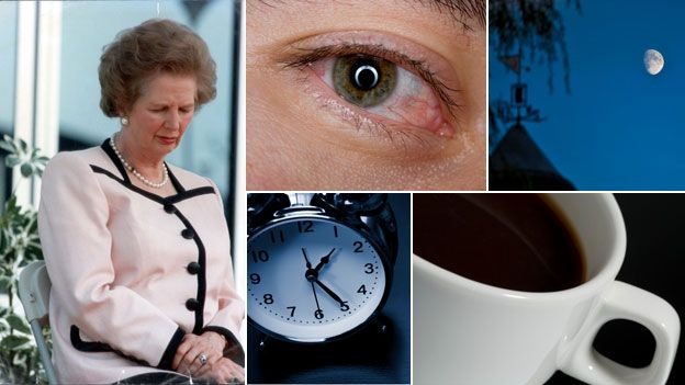 Images of sleep and wakefulness, Mrs Thatcher napping, black coffee, the Moon, an alarm clock, a red eye