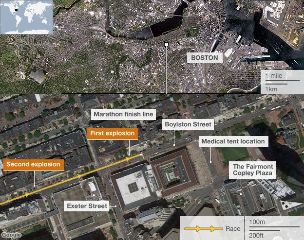 Boston map showing bomb locations