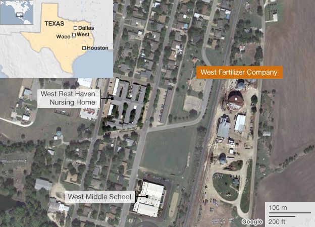 Map of scene of explosion at West, Texas
