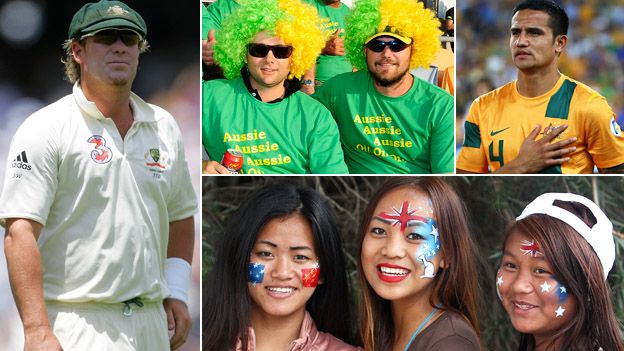 Composite image showing, clockwise from top left: Cricketer Shane Warne playing in a test match for Australia, two Australian rugby union fans dressed in green and yellow wigs, Australian footballer Tim Cahill and three Asian women wearing Australian-flag face paint at a citizenship ceremony during the 2013 Australian Open tennis tournament