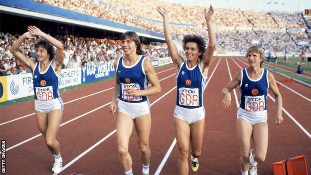 East Germans Silke Gladisch, Marita Koch, Marlies Goehr and Ingrid Auerswald (from left) wave to the crowd after winning the women's 4x100m relay at the World Athletics Championships in Helsinki