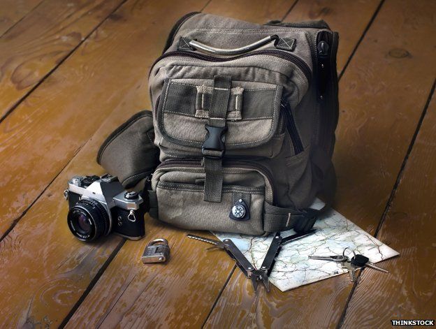 Backpack, camera, compass, multi-tool