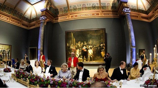 Queen Beatrix of The Netherlands (centre L) sits beside Dutch Prime Minister Mark Rutte (centre R) as she hosts a dinner hosted by Queen Beatrix of The Netherlands ahead of her abdication at Rijksmuseum.