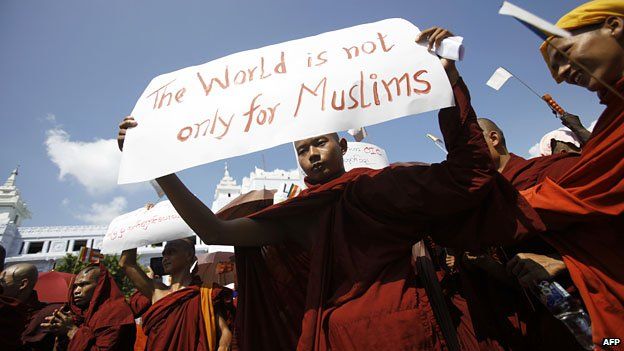 Buddhist monks take part in a demonstration against the Organisation of the Islamic Conference in Rangoon, in October 2012