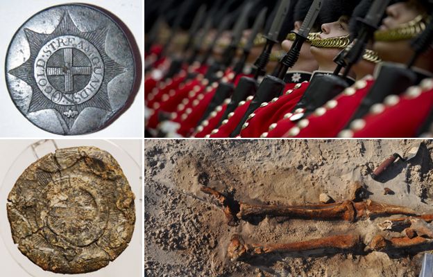 From top left, clockwise: Coldstream Guards' button and regiment in modern ceremonial dress above skeletal remains and a decomposed button
