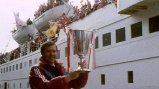Alex Ferguson at Aberdeen harbour with the European Cup Winners' Cup