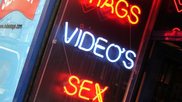 Sex shop sign advertising "video's"