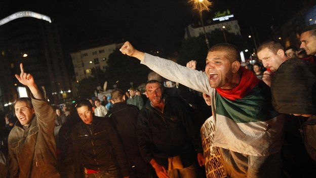 Protesters outside the Palace of Culture, Sofia