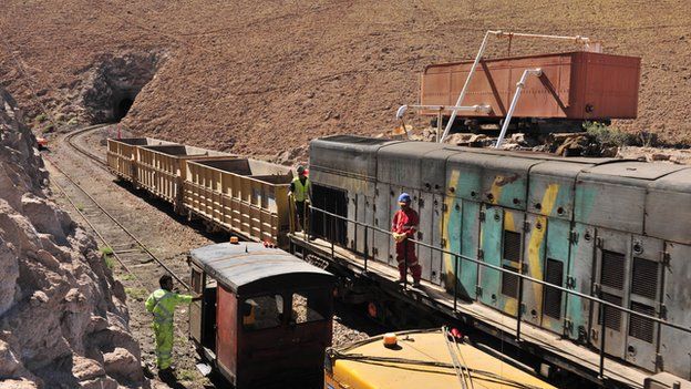 Workers carry out maintenance on the Arica-La Paz railway