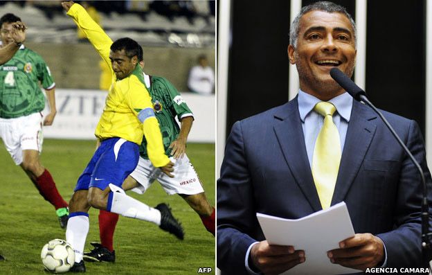 Romario shoots to score his second goal against Mexico in a match between Mexico and Brazil, 10 November 2004 (left) and Romario in the Brazilian Congress, 2013