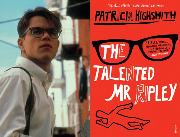 Matt Damon as Tom Ripley; book cover, The Talented Mr Ripley