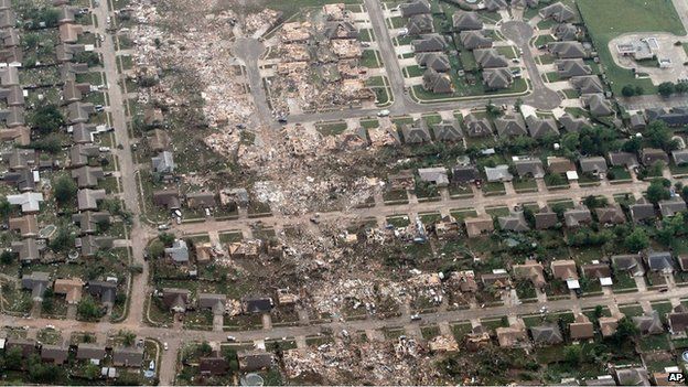 Aerial photo shows the remains of homes hit by a massive tornado in a suburb of Oklahoma City