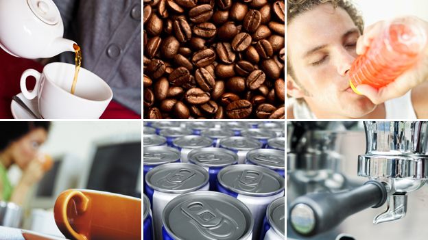 Tea, coffee beans, energy drink, espresso maker, cans of energy drinks, coffee