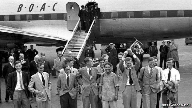 The 1953 British Mount Everest Expedition on arrival back at London Airport on 3 July 1953