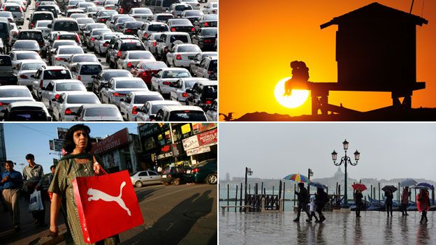 (clockwise from top left): Traffic jam in Korea; sunset in California; rainy in Venice; shopping in India