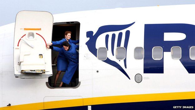 Ryanair flight attendants closing the door of a Boeing 737-800 at the Altenburg-Nobitz airport, eastern Germany, in 2007