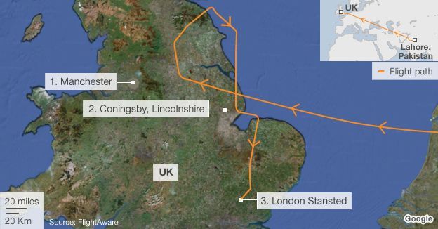 Map of Pakistan International Airlines flight PK709's diverted route