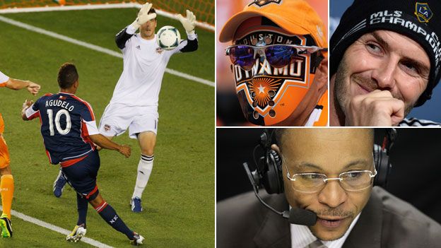 Action from the MLS, a fan, David Beckham and Gus Johnson