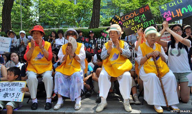 Former comfort women at a protest outside the Japanese Embassy in Seoul
