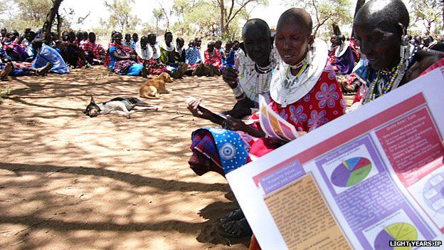 A large group of Maasai women learning about intellectual property