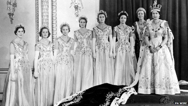 Queen Elizabeth II with her Maids of Honour after the Coronation
