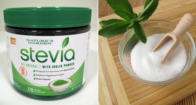 Stevia jar and sugar crystals