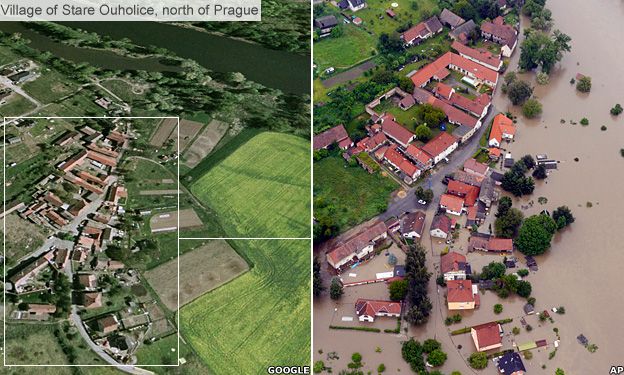 Czech village of Stare Ouhoulice before and after flooding