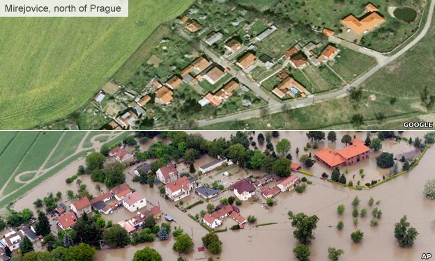 Mirejovice village, north of Prague, before and after the floods