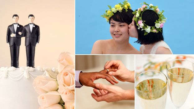 Clockwise: Gay wedding cake, lesbian brides, champagne flutes, two male hands with a wedding ring