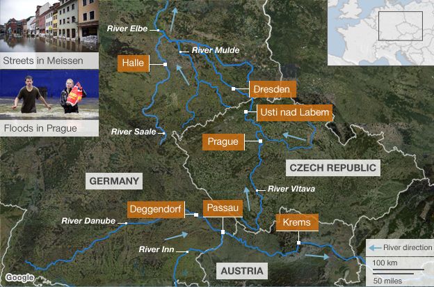 Map showing the rivers causing flooding in central Europe