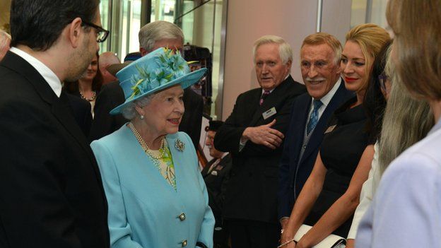 The Queen speaks to celebrities including Sir Bruce Forsyth on her tour of BBC New Broadcasting House