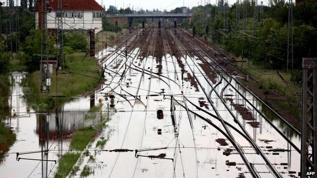 Flooded railway line at Magdeburg, eastern Germany (9 June)