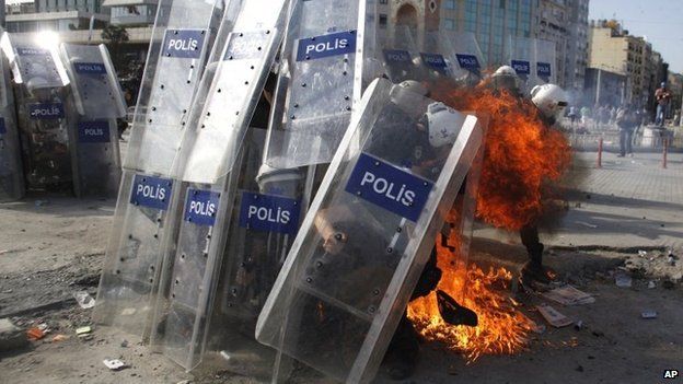 Petrol bomb hits police lines, Taksim Square 11/6/13