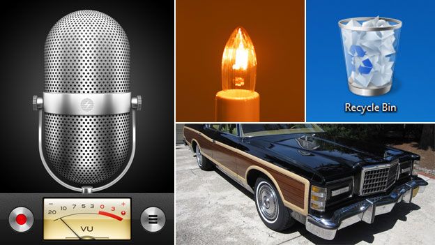 Skeuomorphs: iPhone voice memo app, electric candle, Windows recycle bin app; vintage Ford car with fake wood trim