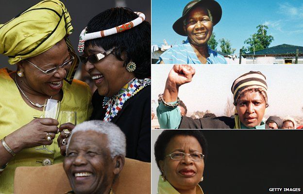 Left: Graca Machel and Winnie Madikizela-Mandela talking behind Nelson Mandela in 2008; Top right: Evelyn Mandela in 1994; Middle right: Winnie Mandela in 1987; Bottom right: Graca Machel in 2007