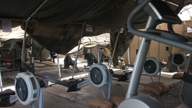 Gym equipment in a tent in Afghanistan