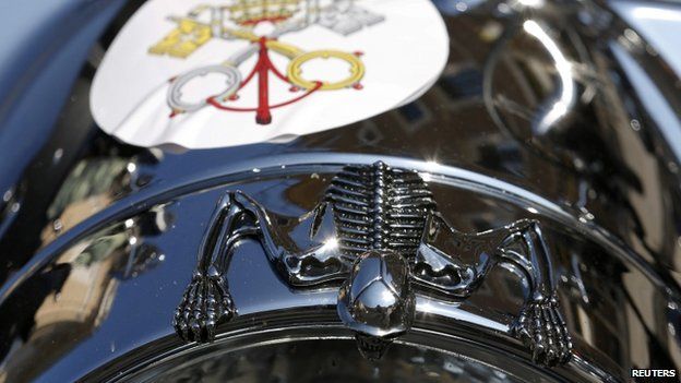 The Vatican's coat of arms is stuck on a Harley Davidson on St Peter's Square, 16 June