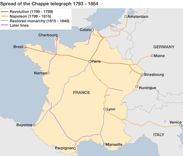 Map of France showing the spread of the Chappe telegraph. Information provided by Jean-Claude Bastian, telegraphe-chappe.com