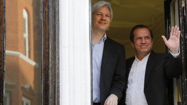 Julian Assange and Ecuador's Foreign Minister Ricardo Patino at Ecuador's embassy in central London on Sunday 16 June 2013